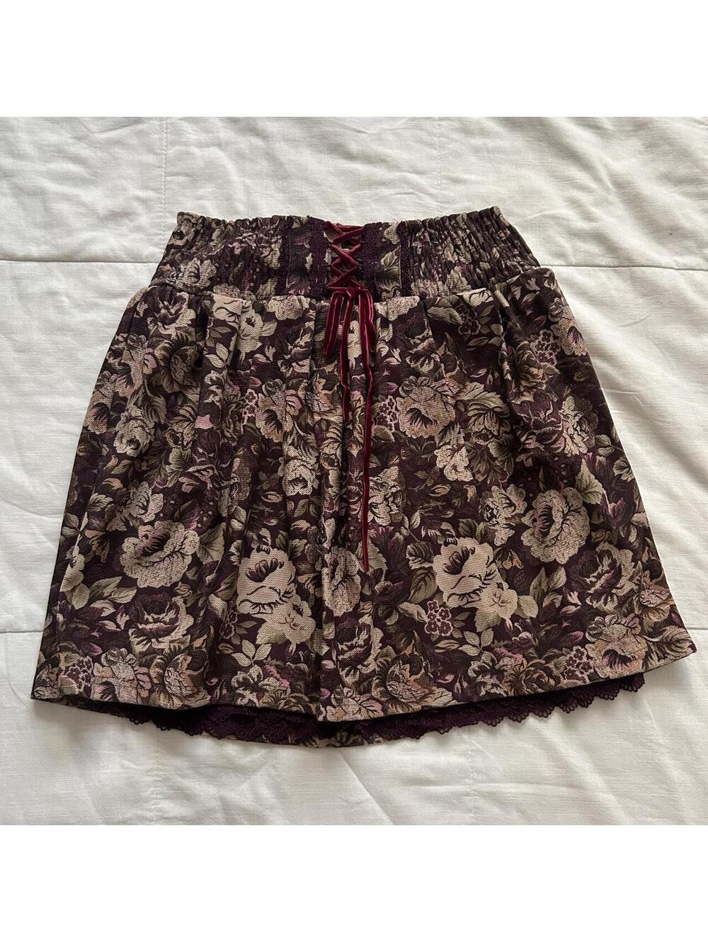 Axes Femme Burgundy Floral Tapestry Skirt Corset Lace Up Waist M Japan